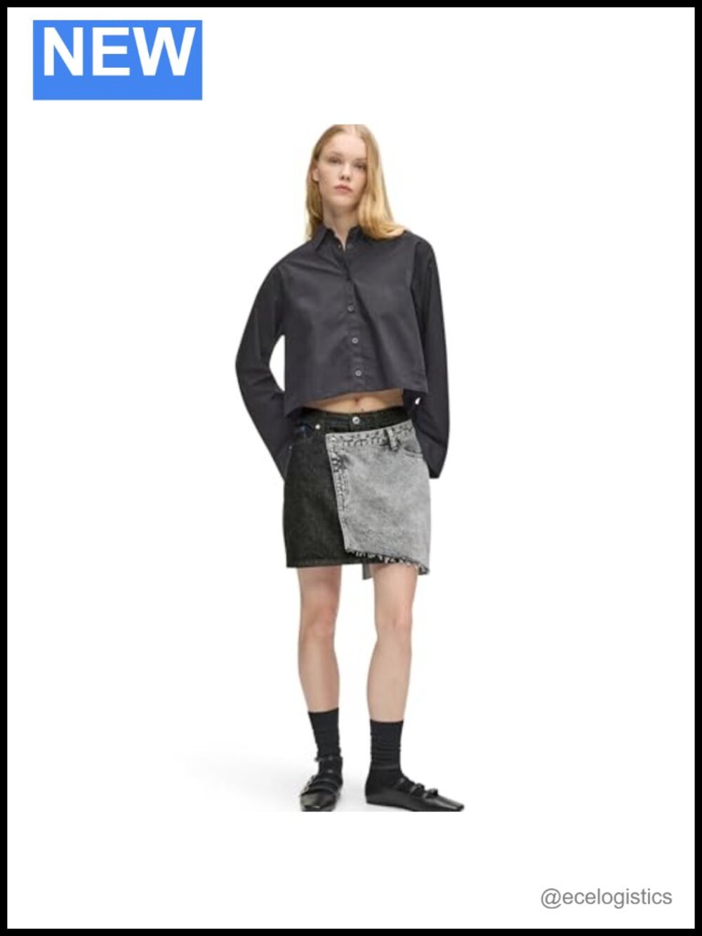 Cotton Contrast Denim Mini Skirt Regular Fit Mid Rise Asymmetric